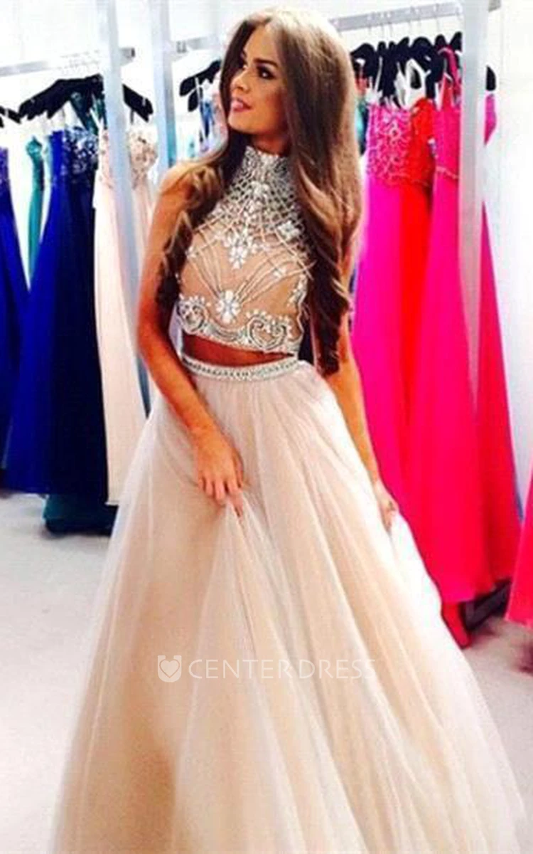 Gorgeous Two Pieces High-Neck Prom Dresses Beadings Tulle A-Line