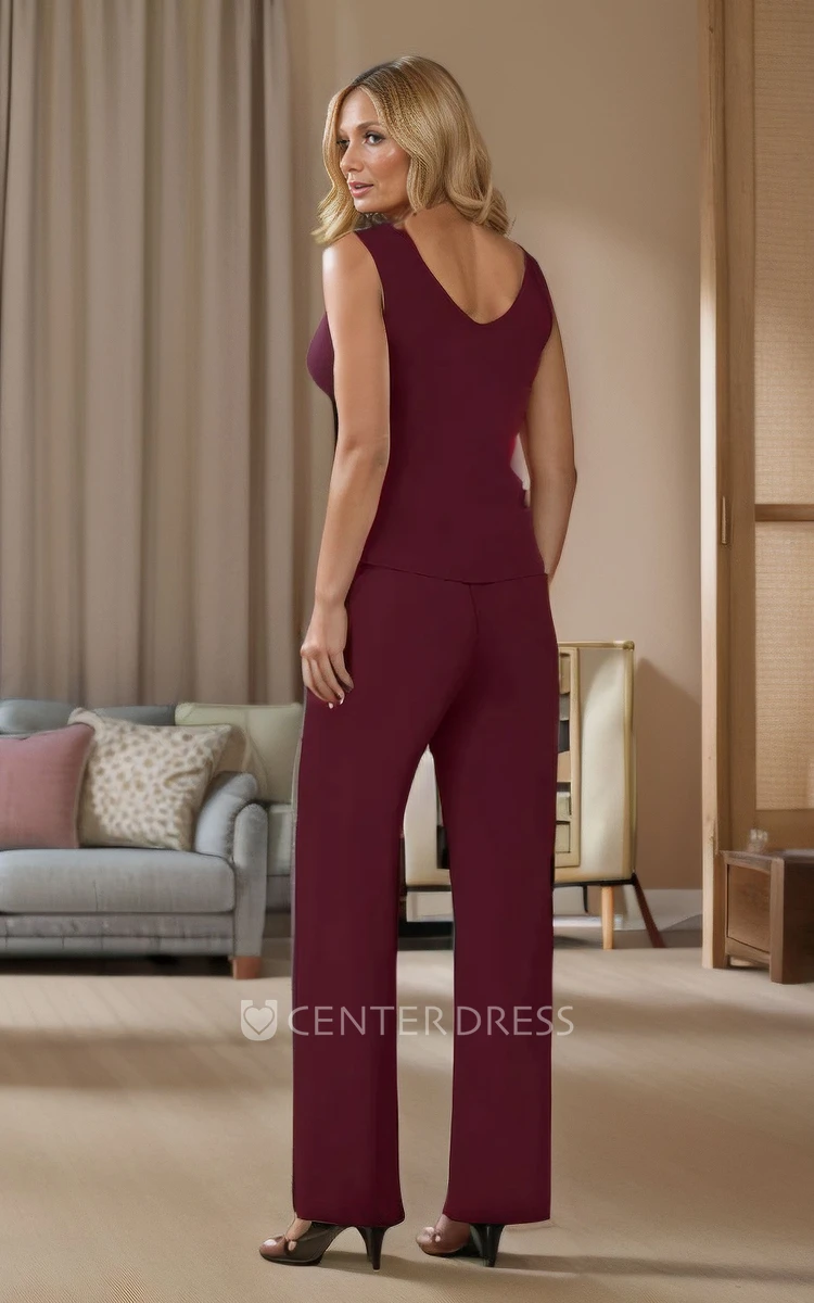 Elegant Floor-Length Chiffon MOB Dress Tripartite Pantsuit Lace Appliques