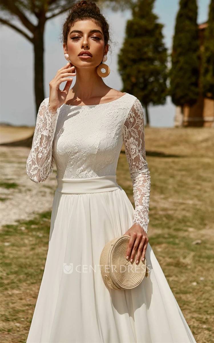 Romantic A-Line Ball Gown Bateau Chiffon Lace Wedding Dress with Sash