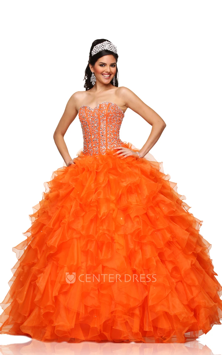 A-Line Sweetheart Sleeveless Chiffon Ball Gown With Cascading Ruffles And Crystal Bodice