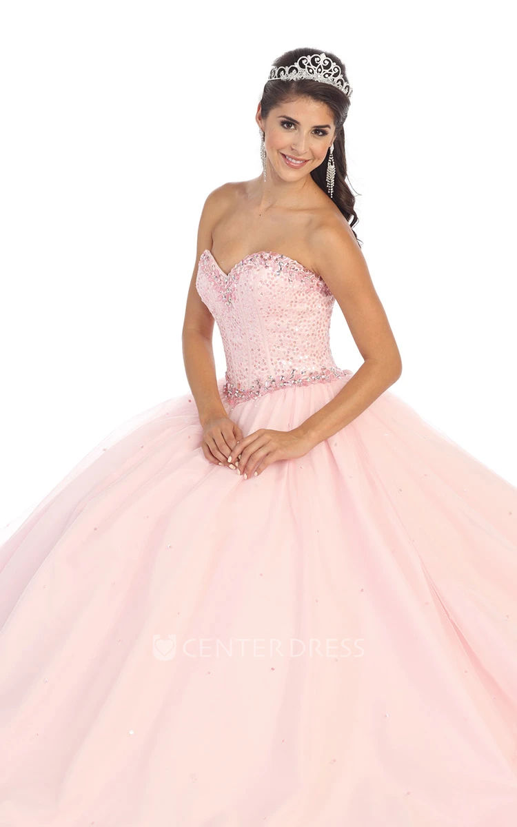 Ball Gown Long Sweetheart Sleeveless Tulle Dress With Beading