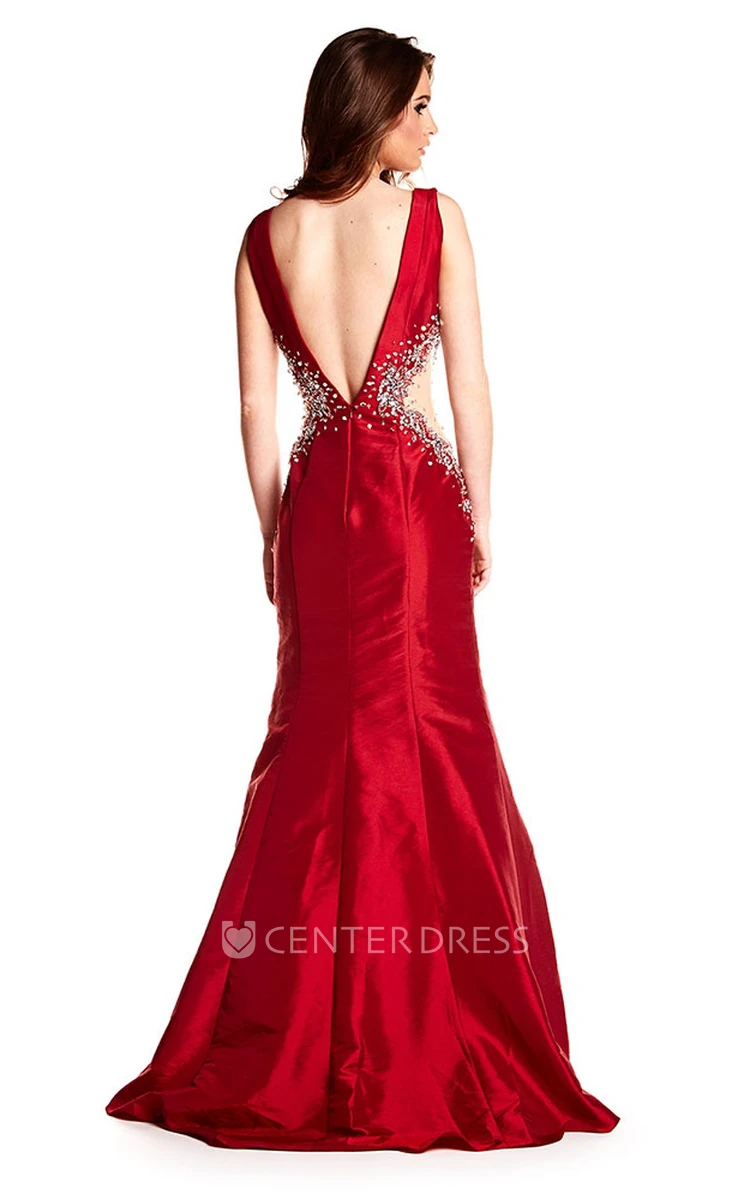 Mermaid Floor-Length Beaded Sleeveless V-Neck Satin Prom Dress With Deep-V Back