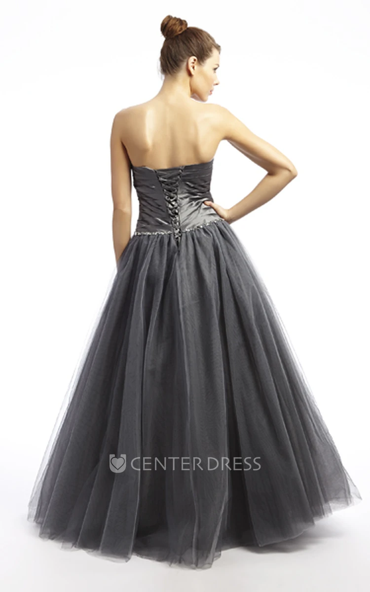 A-Line Beaded Sleeveless Strapless Maxi Tulle Prom Dress With Ruching