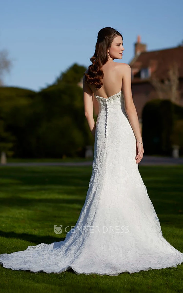Strapless Long Beaded Lace Wedding Dress With Court Train And V Back