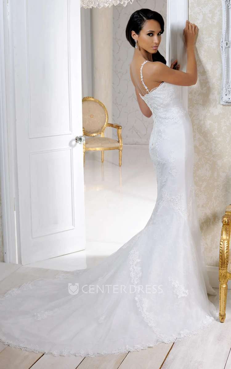 Floor-Length Straps Appliqued Satin&Tulle Wedding Dress