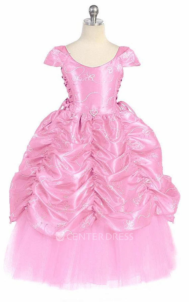 Ankle-Length Embroideried Tiered Lace&Taffeta Flower Girl Dress With Broach