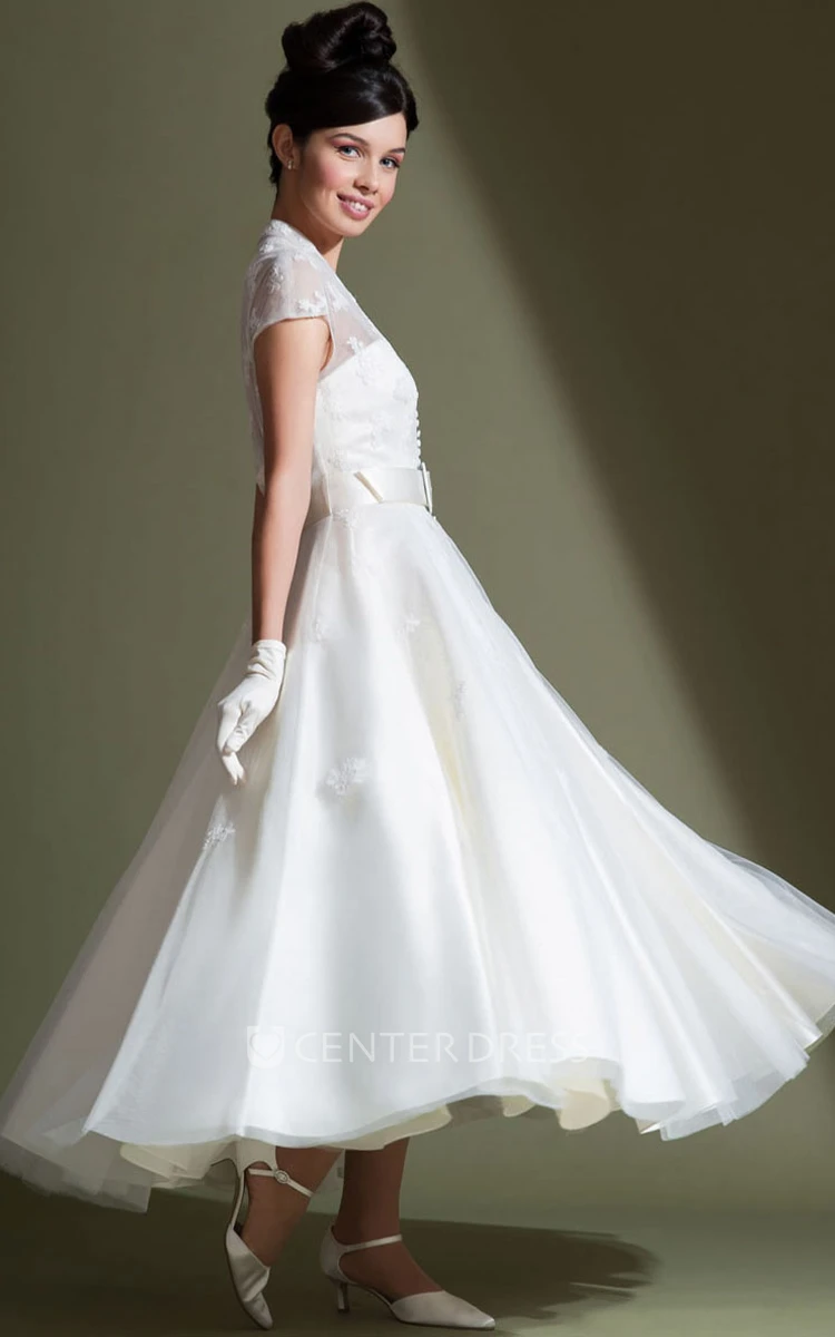 Ankle-Length A-Line V-Neck Cap Sleeve Appliqued Tulle Wedding Dress