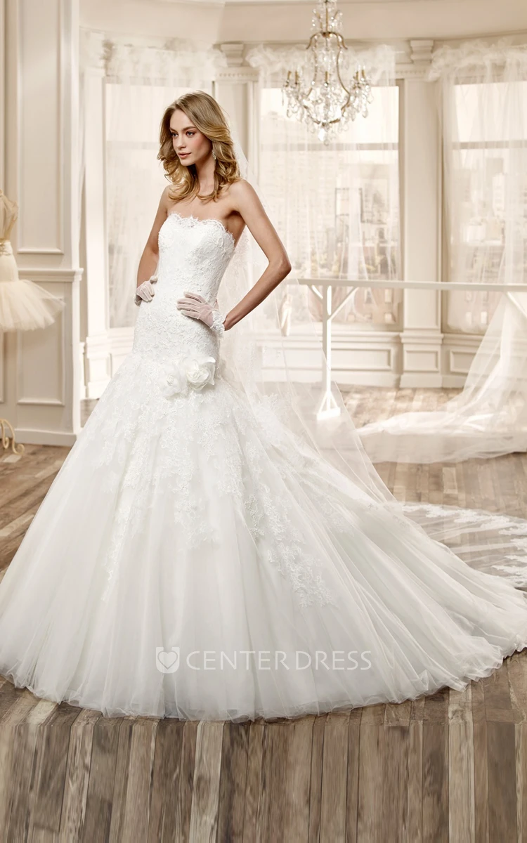 Strapless Long Wedding Dress With Pleated Skirt And Back Bow