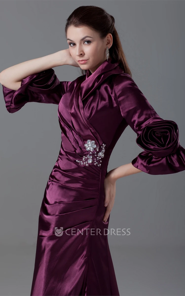 Modest Long-Sleeve Side-Ruched Formal Gown with Beading and Flower
