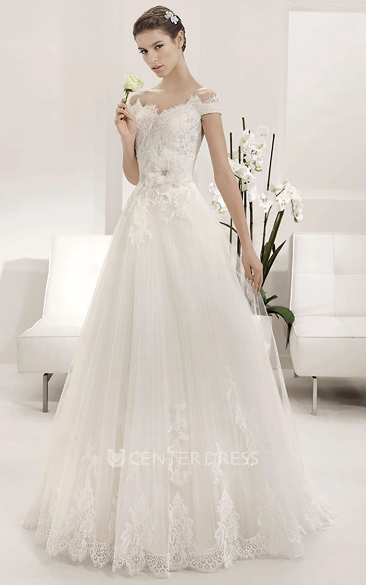 Scalloped Off Shoulder A-line Tulle Gown With Lace Top And Flower