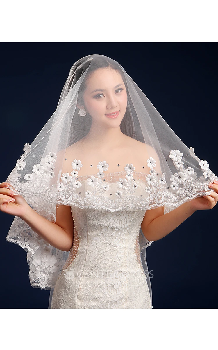 Long Tail Wedding Veil with Flowers Beading and Lace Edge