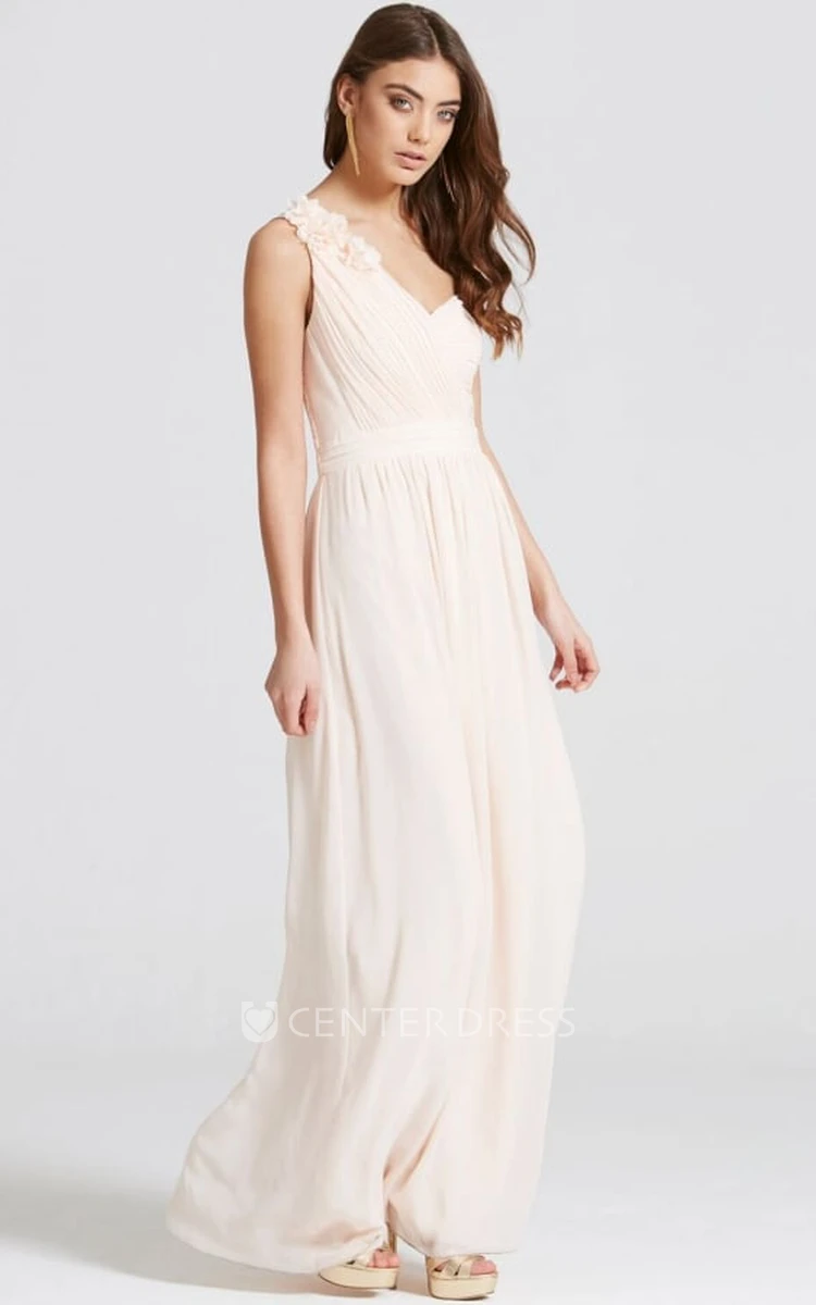 Floor-Length One-Shoulder Sleeveless Floral Chiffon Bridesmaid Dress