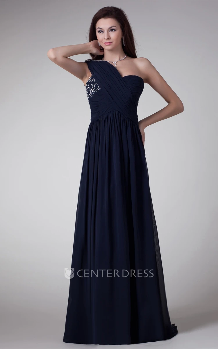 One-Shoulder A-Line Chiffon Maxi Formal Dress with Crystal Detailing