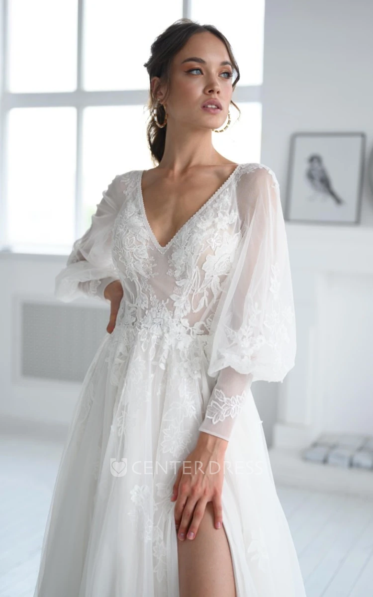 Ethereal A-Line Tulle V-neck Wedding Dress with Appliques and Split Front