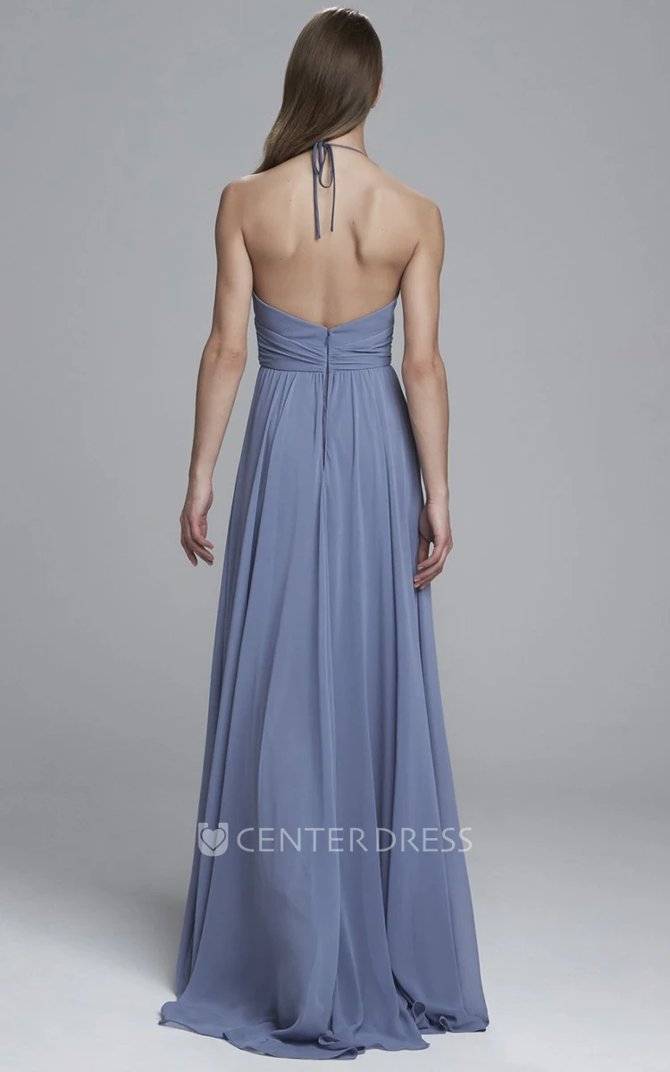 Sheath V-Neck Floor-Length Ruched Sleeveless Chiffon Bridesmaid Dress
