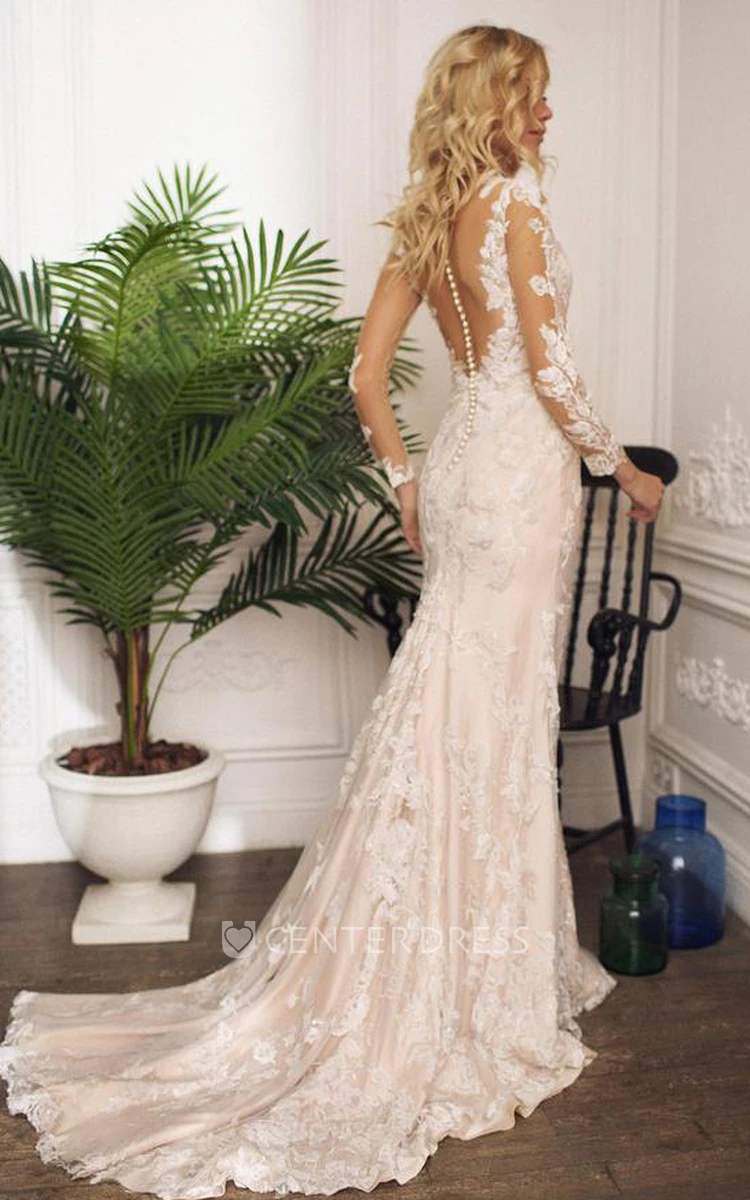 Lace Jewel Mermaid Long Sleeve Floor-length Illusion Wedding Dress With Appliques