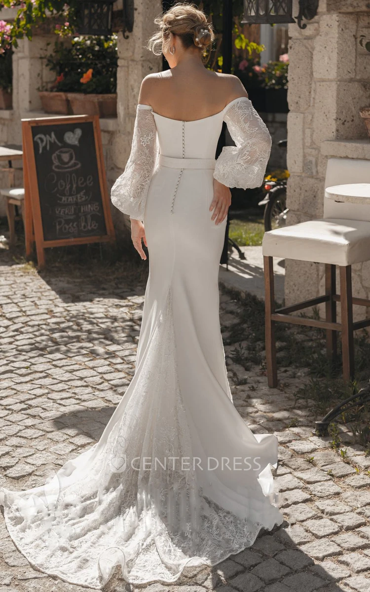 Elegant Trumpet Lace Off-the-shoulder Brush Train Floor-Length Long Sleeve Wedding Dress With Sash