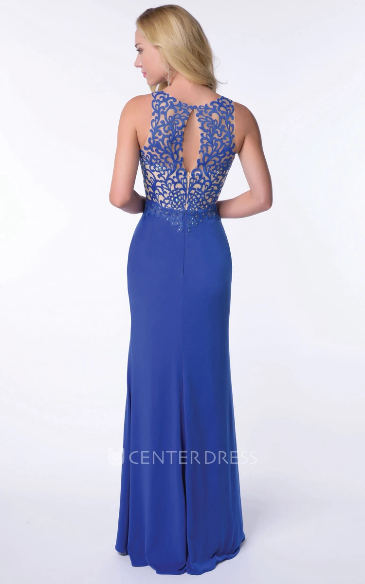Lace Bodice Sleeveless Jersey Homecoming Dress With Side Split And Back Keyhole
