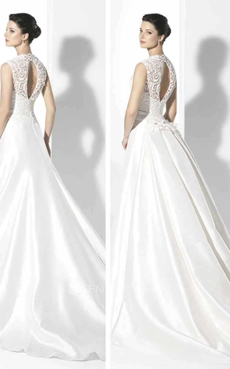 A-Line Long Jeweled Sleeveless V-Neck Satin Wedding Dress