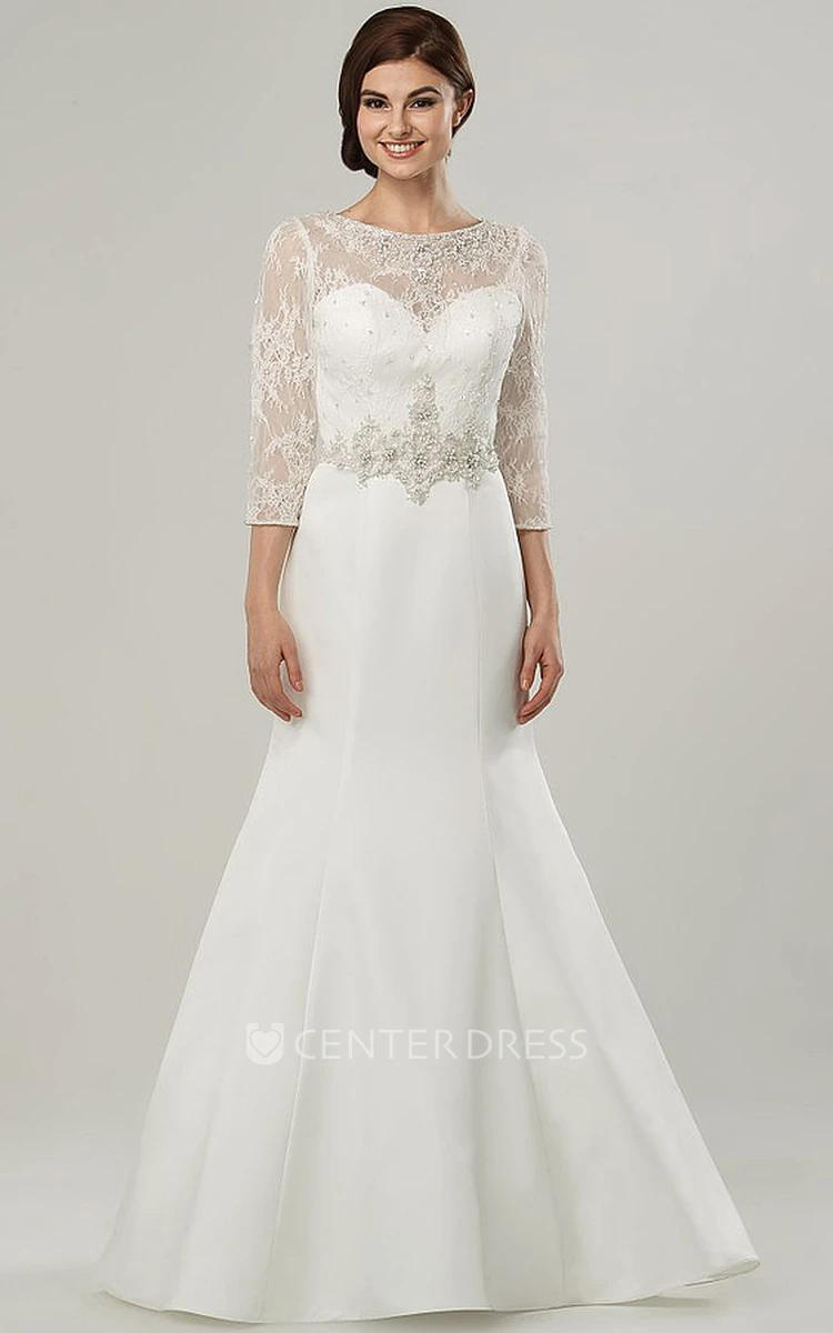 Maxi Scoop Appliqued 3-4-Sleeve Satin Wedding Dress With Sweep Train And Illusion