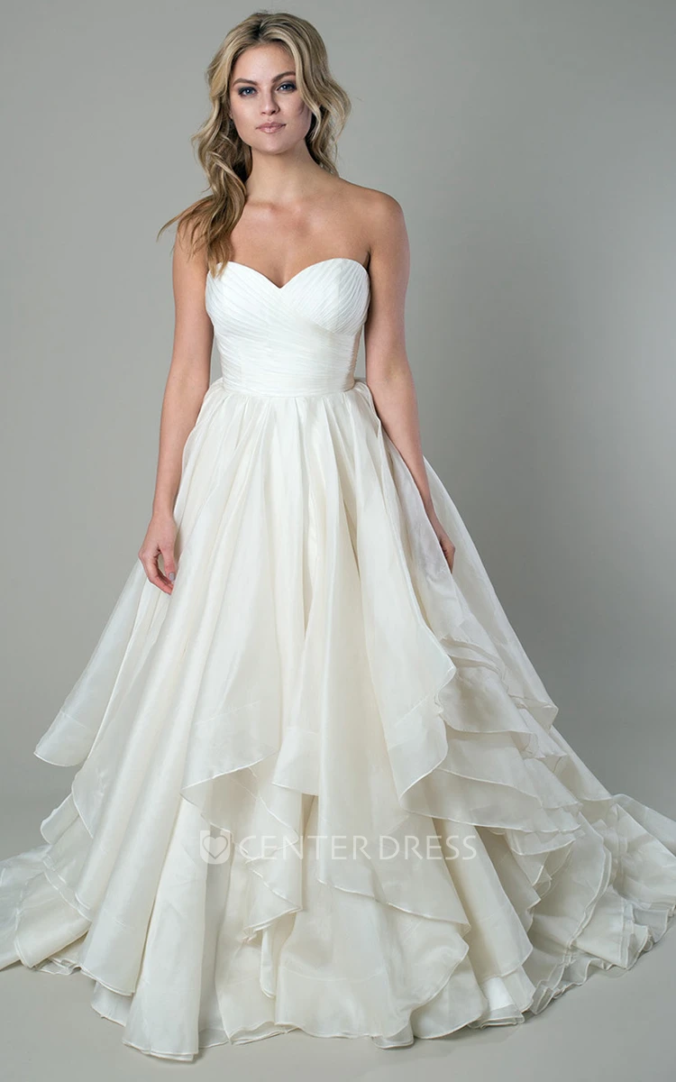 A-Line Draped Floor-Length Sweetheart Organza Wedding Dress With Criss Cross And V Back