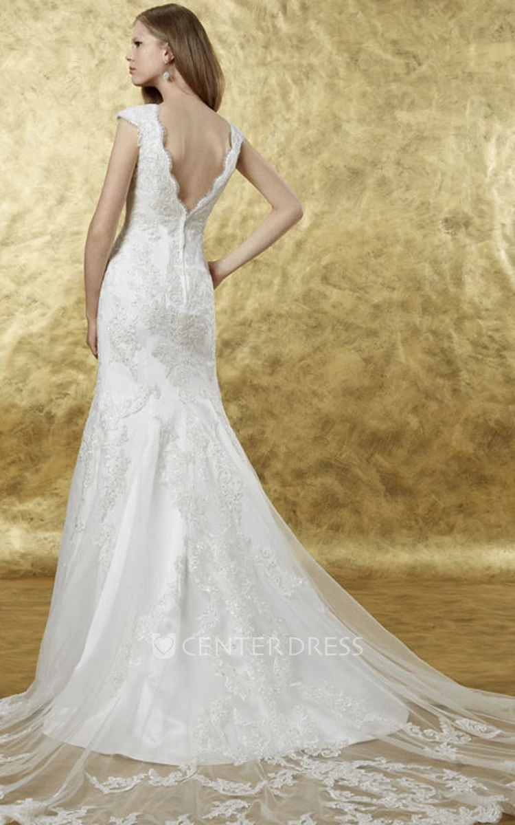 Trumpet Cap-Sleeve Appliqued Long Bateau Lace Wedding Dress With Low-V Back And Chapel Train