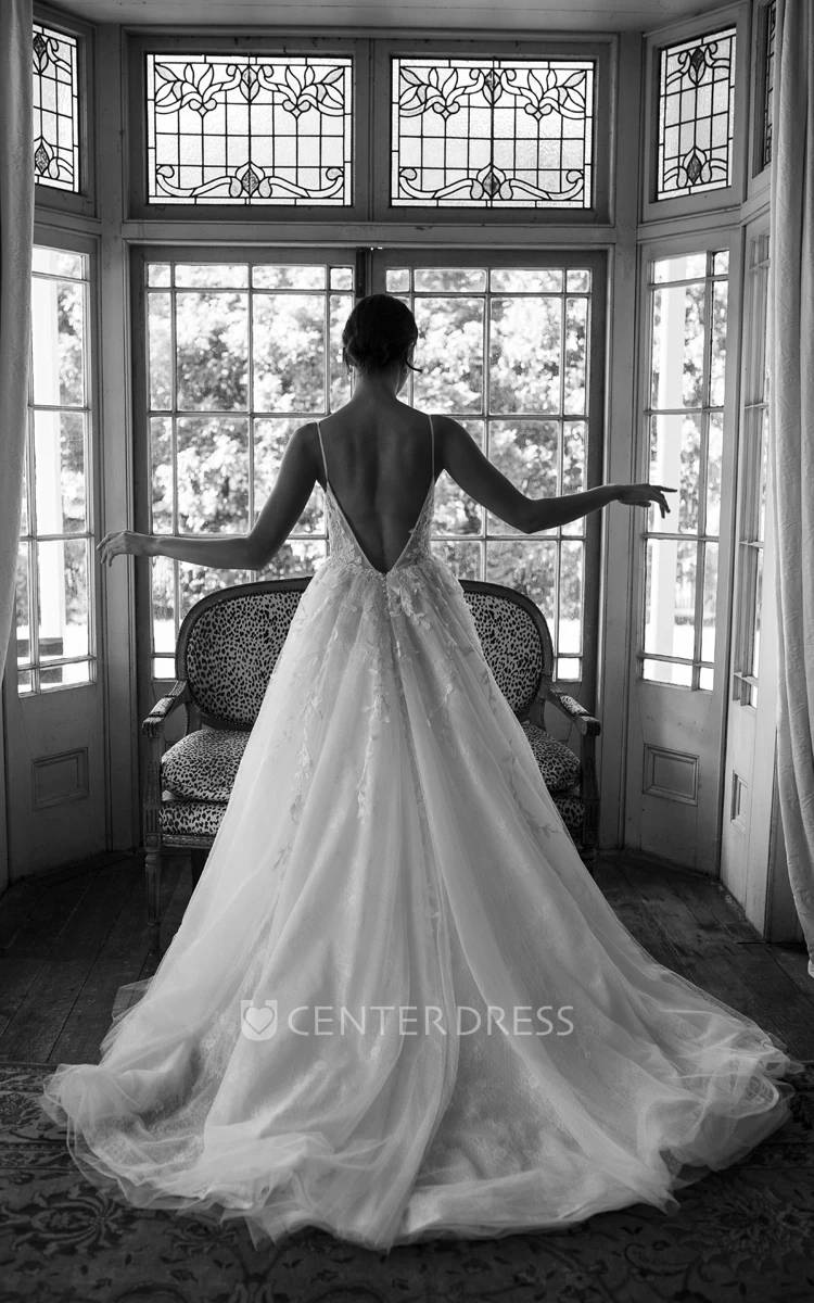 Backless Ethereal Spaghetti Straps Plunging V-neck Tulle Bridal Ballgown With Lace Appliques
