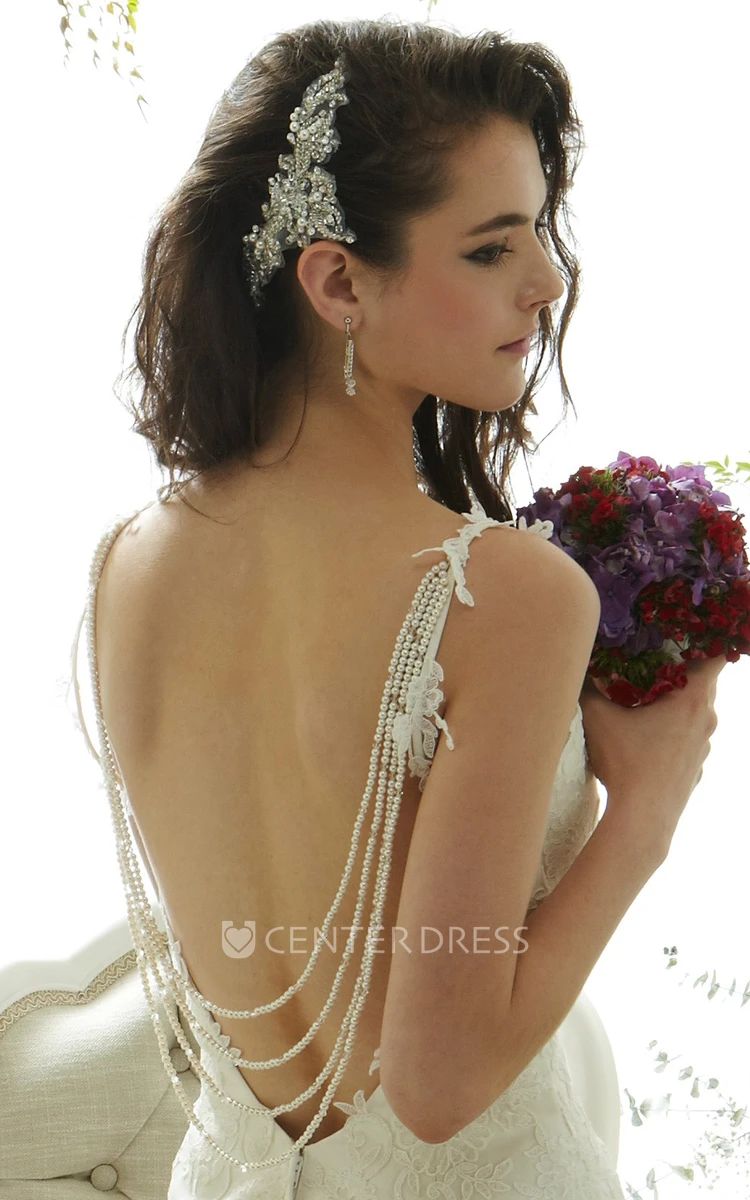 A-Line Appliqued Floor-Length Sleeveless Lace Wedding Dress With Backless Style And Beading