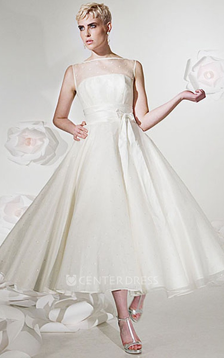 A-Line Tea-Length Sleeveless Jewel-Neck Tulle&Satin Wedding
