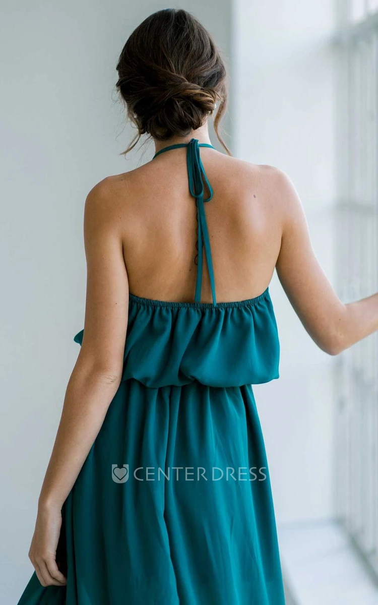 Informal Sexy A-Line Chiffon Halter Neck Bridesmaid Dress With Open Back And Split Front