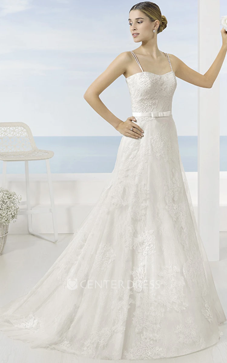 A-Line Sleeveless Appliqued Floor-Length Spaghetti Lace Wedding Dress With Chapel Train And Low-V Back