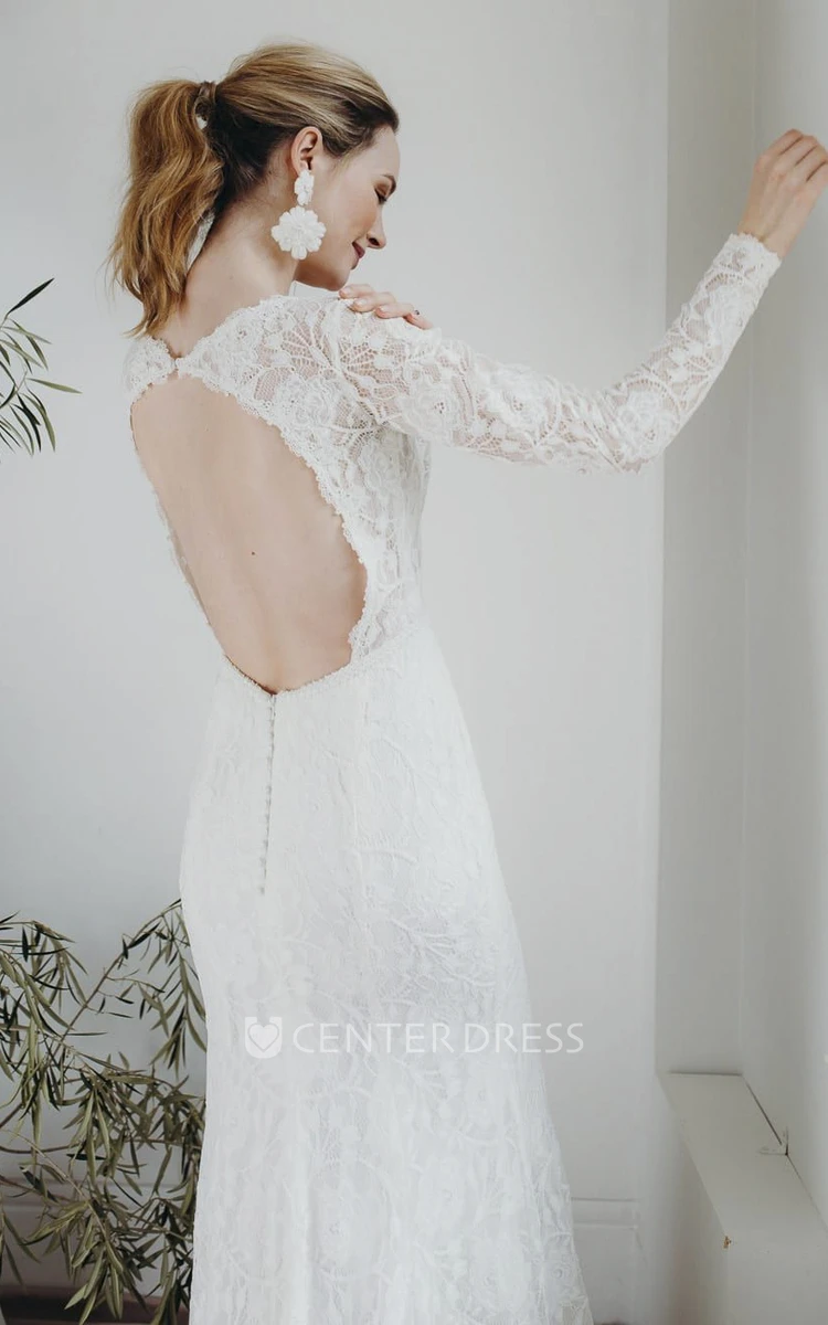 Plunging V-neck Sexy Sheath Lace Bridal Gown With Long Sleeves And Keyhole Back