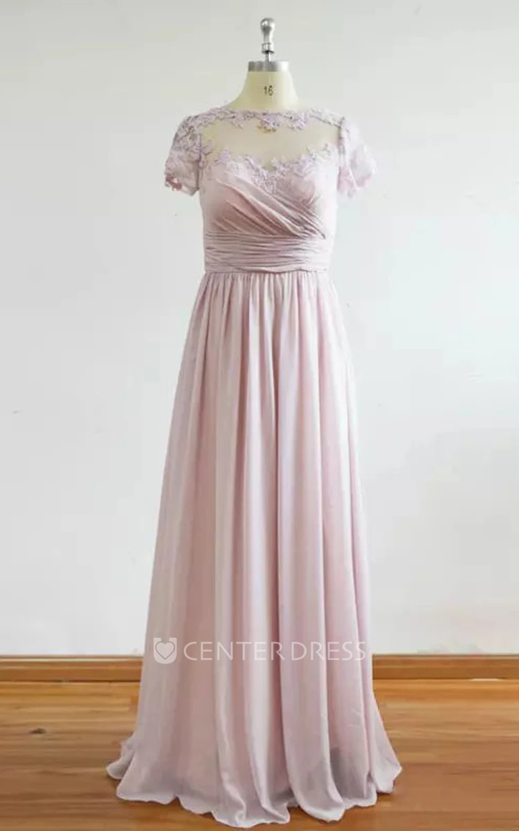Short Sleeve A-line Jewel Floor-length Chiffon Bridesmaid Dress with Appliques and Ruching