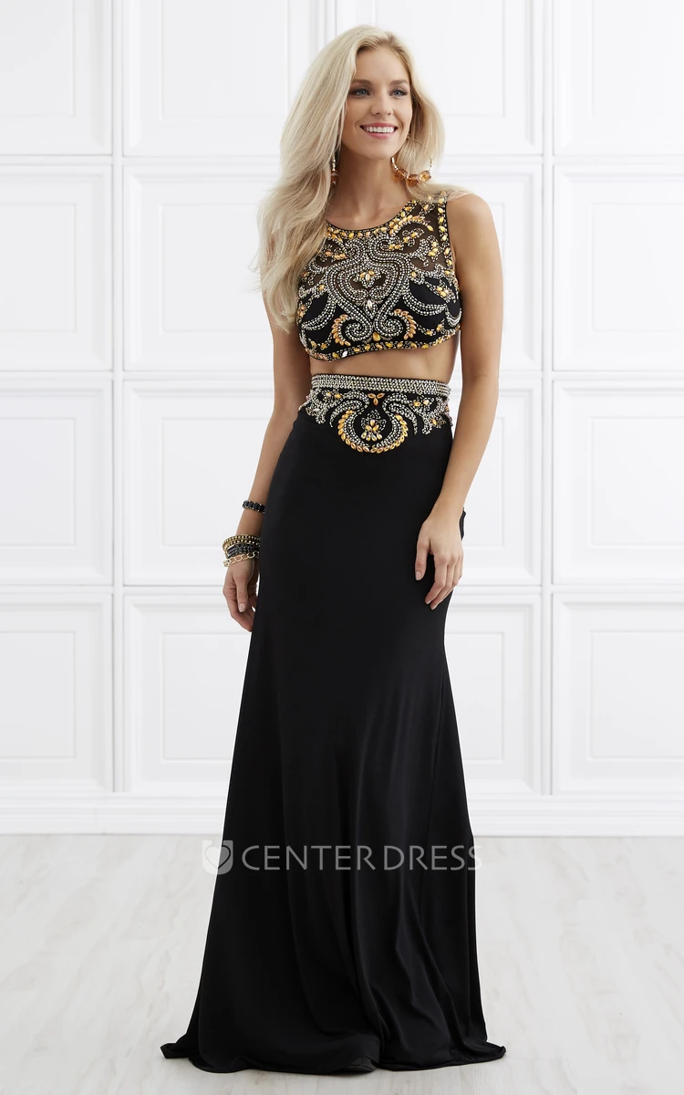 Two-Piece Sheath Long Scoop-Neck Sleeveless Jersey Dress With Beading