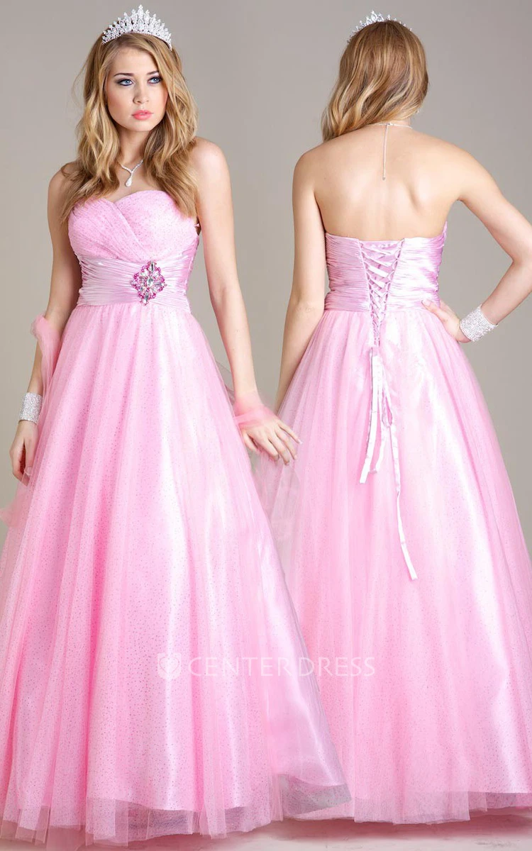 A-Line Criss-Cross Sweetheart Floor-Length Sleeveless Tulle&Satin Prom Dress With Broach