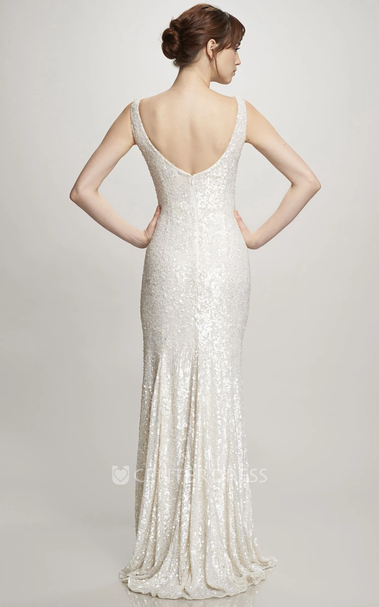 Floor-Length V-Neck Sequins Wedding Dress With Brush Train And V Back