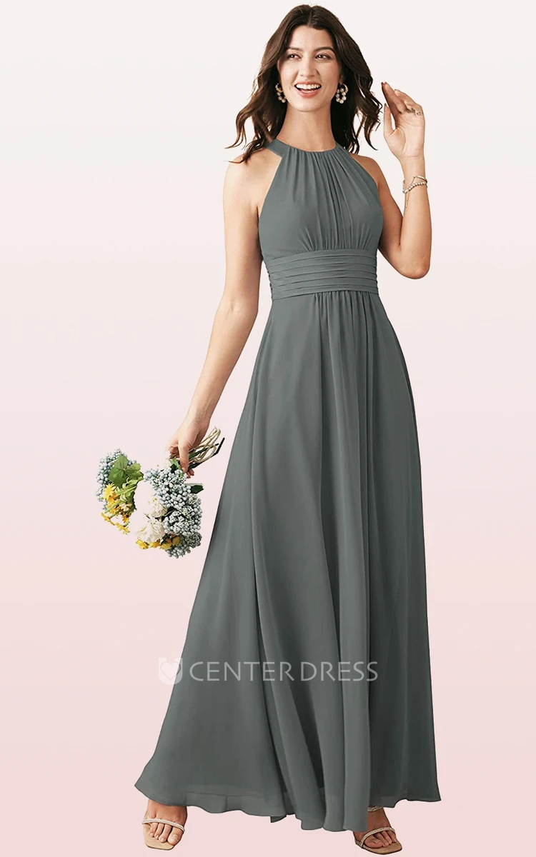 Modern Chiffon Ankle-length Halter A Line Sleeveless Bridesmaid Dress With Ruching