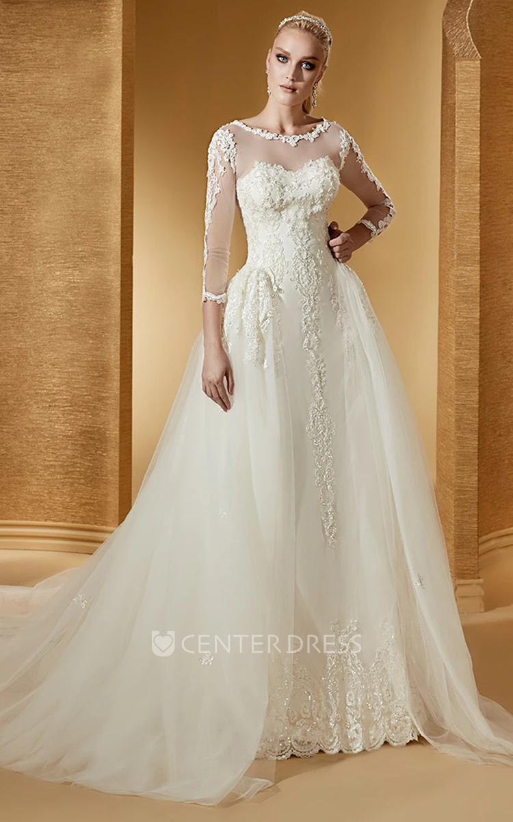 Vintage Long-Sleeve Jewel-Neck Bridal Gown With Fine Appliques And Court Train