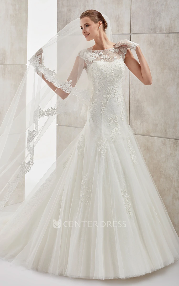Jewel-neck Cap-sleeve Wedding Dress with Mermaid Style and Open Back