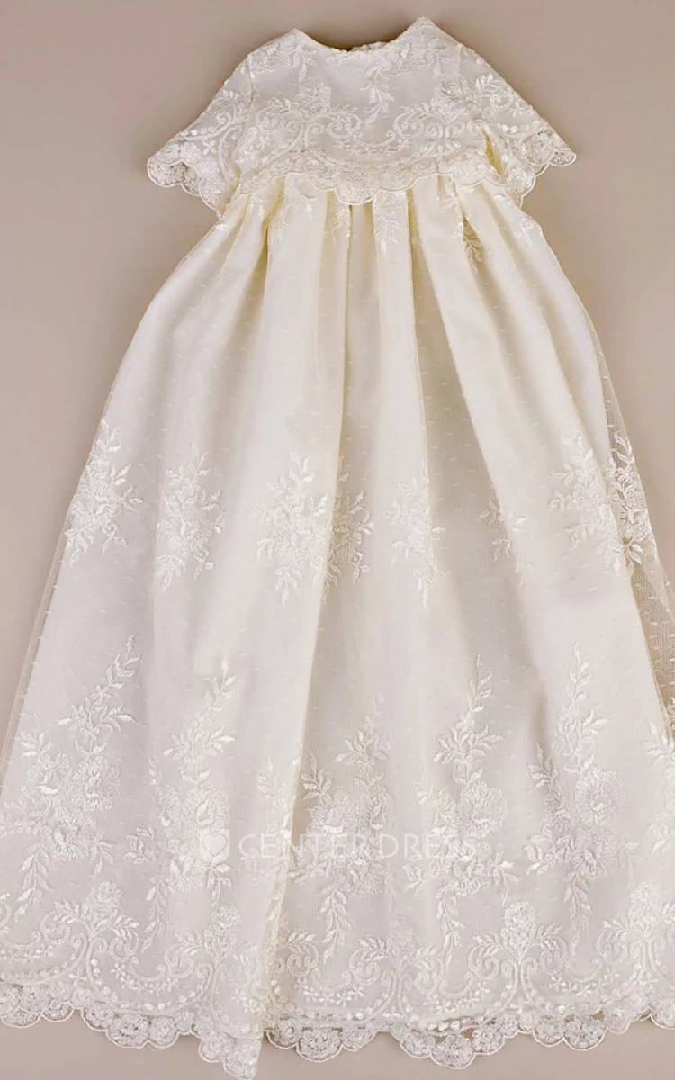 Lace Appliqued Christening Gown With Buttons And Bow