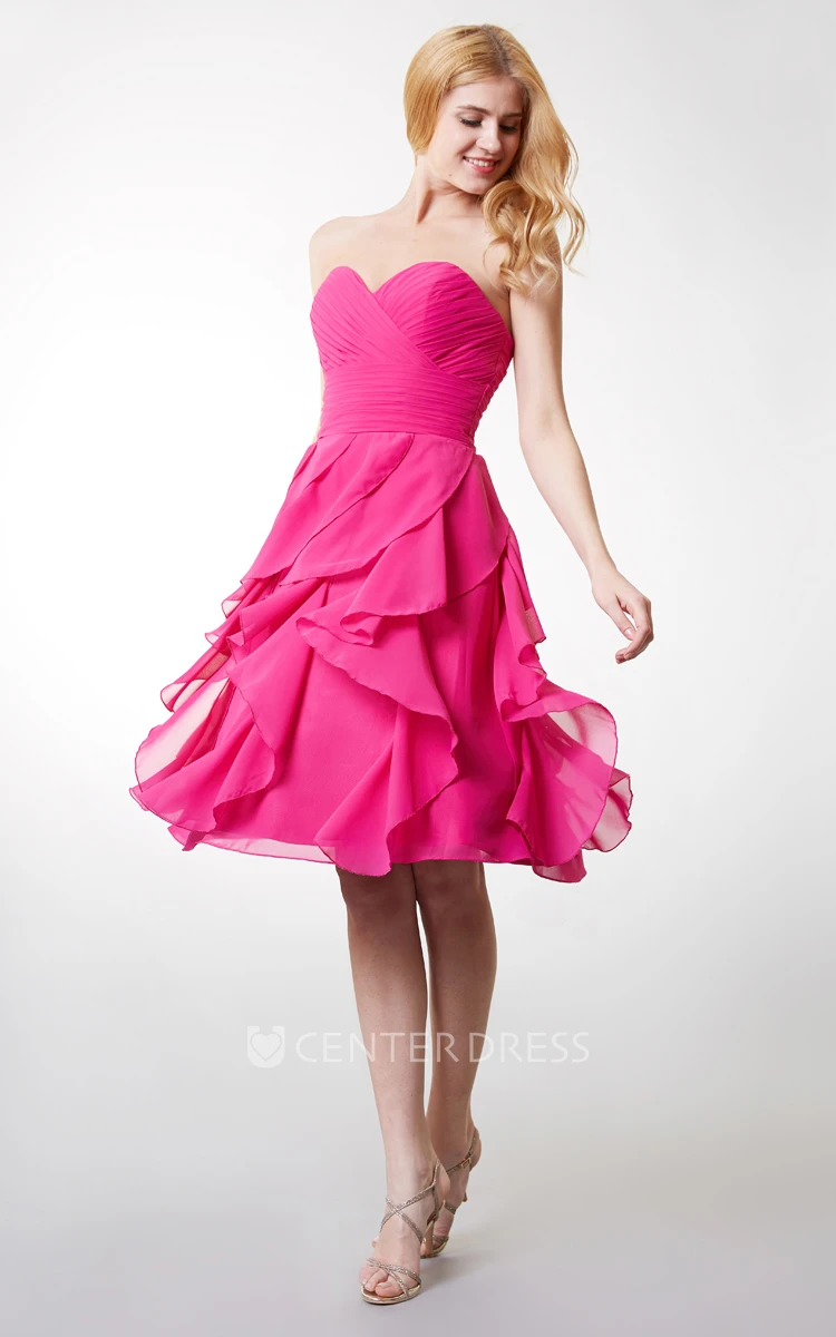 Lovely Sweetheart Ruched Short Chiffon Dress With Ruffled Skirt