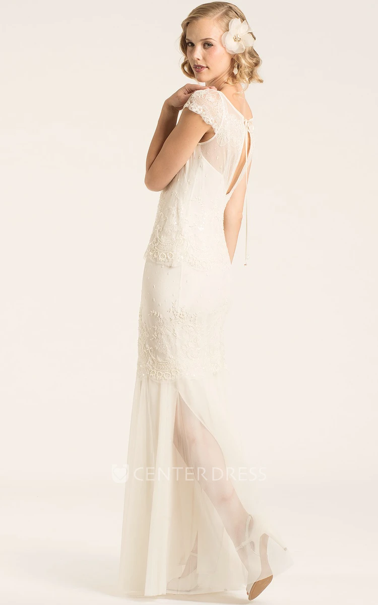 Scoop Maxi Cap-Sleeve Lace Wedding Dress With Illusion