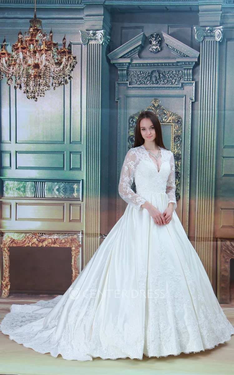 Plunged Long-Sleeve Lace Ball Gown Wedding Dress