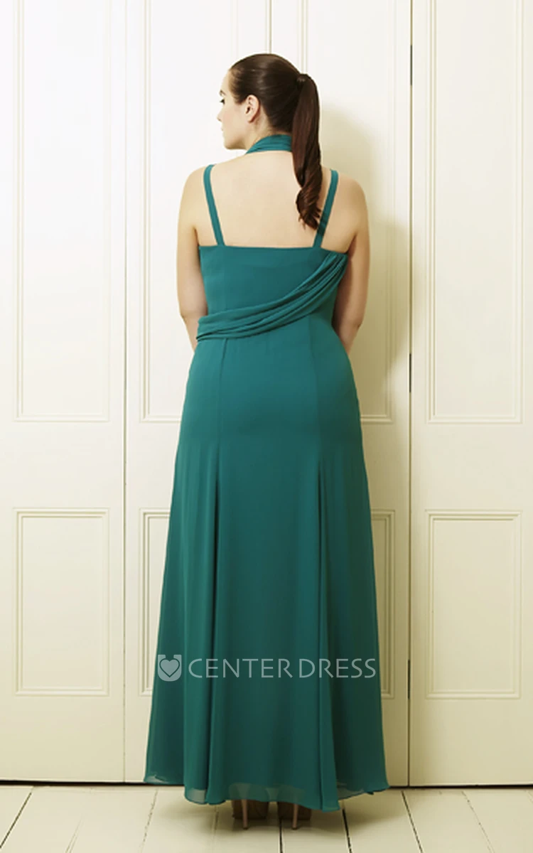 A-Line Pleated Sleeveless Ankle-Length Haltered Chiffon Plus Size Prom Dress