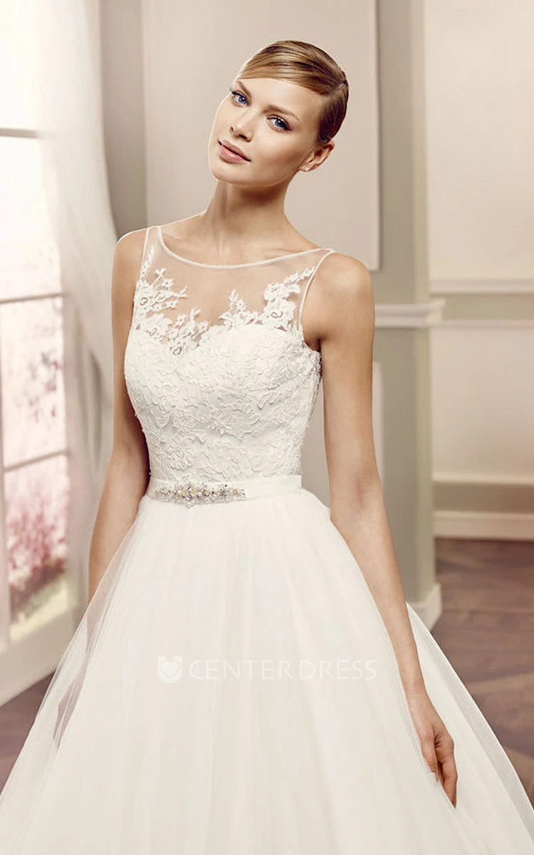 A-Line Bateau Floor-Length Appliqued Sleeveless Tulle Wedding Dress With Pleats And Waist Jewellery