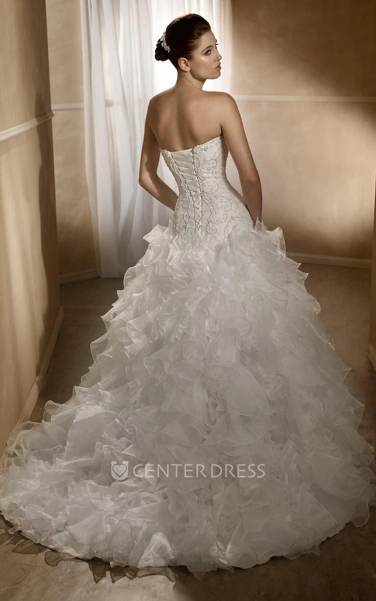 Ball Gown Sweetheart Floor-Length Beaded Organza Wedding Dress With Cascading Ruffles And Corset Back