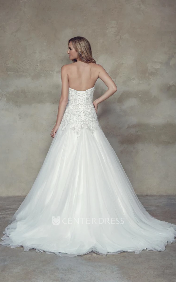 A-Line Long Sweetheart Tulle Wedding Dress With Crystal Detailing And Corset Back