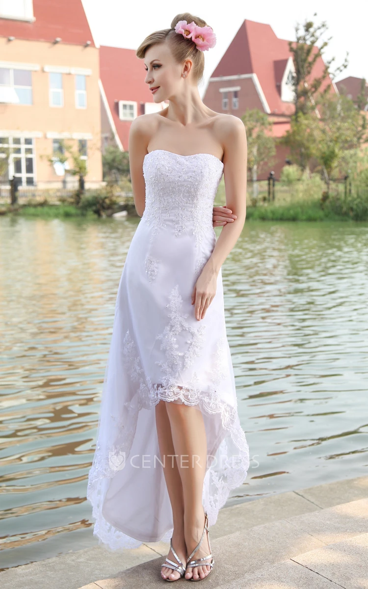 Organza High-Low Strapless Gown With Lace Appliques