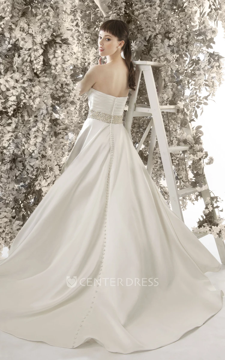 A-Line Floor-Length Sweetheart Jeweled Sleeveless Satin Wedding Dress
