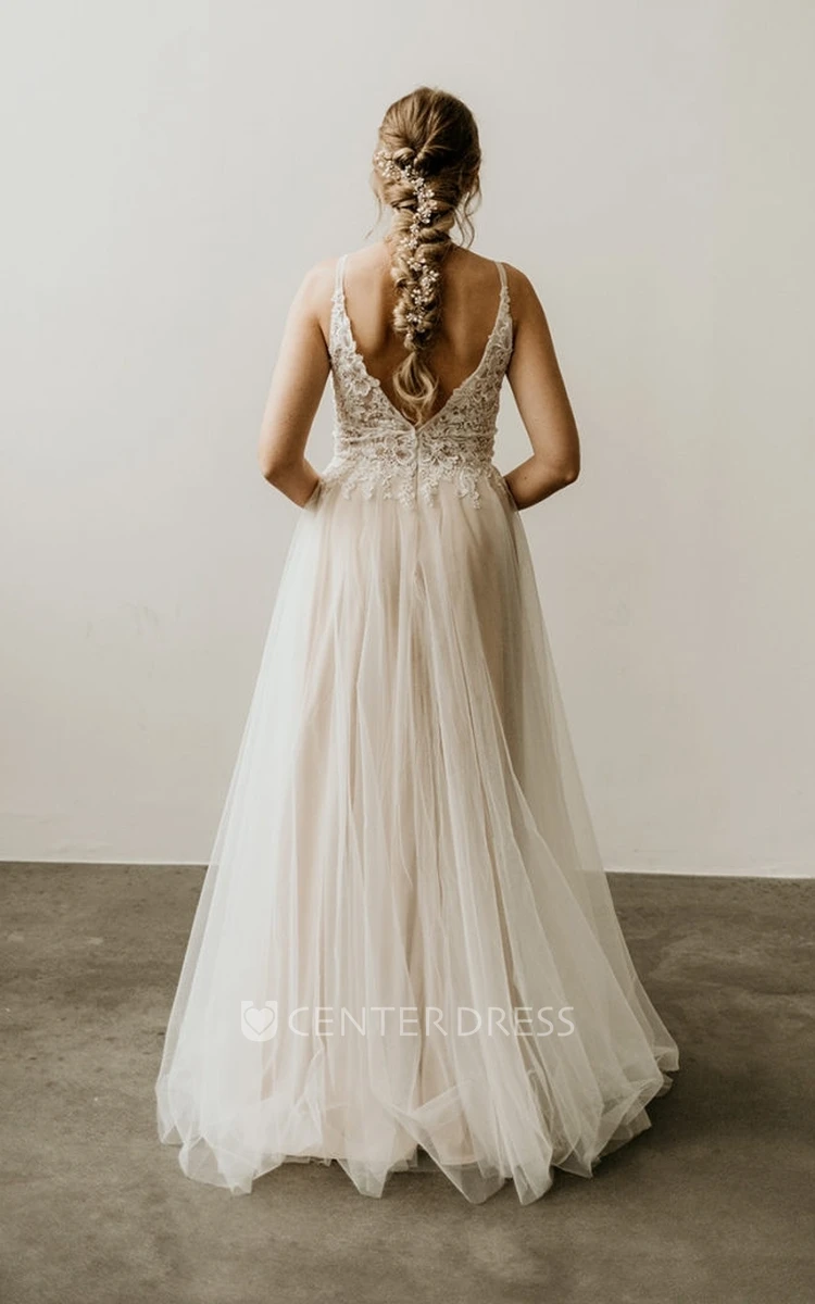 Elegant Garden Halter Style Applique Wedding Dresses Tulle Flowy Elegant  Front Split Bridal Dress